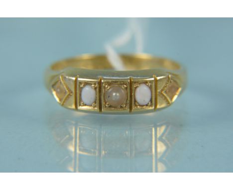 An antique 18ct gold opal and pearl set ring, size L, weight approx 2.5g (wear to stones)