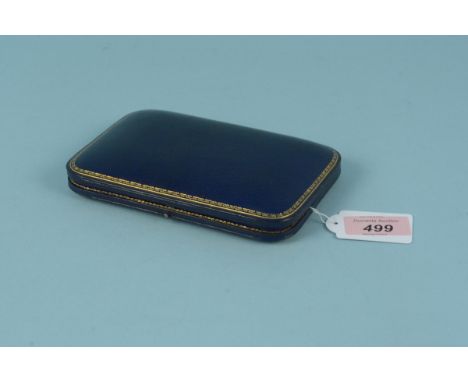 An antique stick pin/cocktail stick box with blue leather and velvet lined, marked C L Taroni to inside lid (no contents)