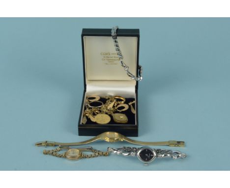 Two pairs of 9ct gold earrings, a silver ring plus a selection of costume jewellery and watches