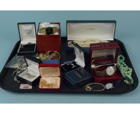 A lady's 9ct gold wristwatch, a small 9ct gold cross, a 9ct gold stone set ring (as found) plus a quantity of costume jewelle