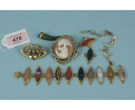 A collection of jewellery including hardstone panel bracelet, cameo brooch, drop earrings, jade brooch etc