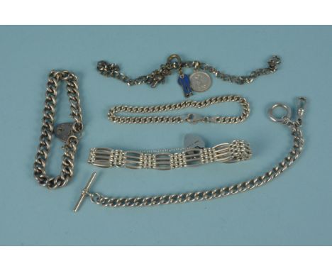 Five silver bracelets including one with four charms, one of gate link form etc