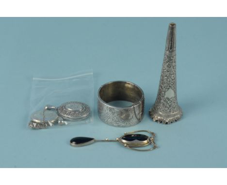 A mixed lot of silver and white metal items including two lockets, bangle, pendant etc