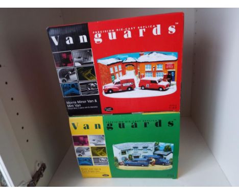 Vanguard - two 1:43 scale dioramas comprising Morris Minor Van & Mini Van Royal Mail diorama # GD1002 and Austin A40 Van & Fo