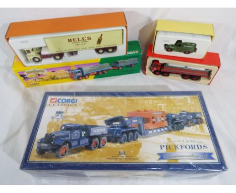 A collection of diecast model motor vehicles by Corgi to include a Bells AEC Ergomatic with box trailer model No.21303, a BRS