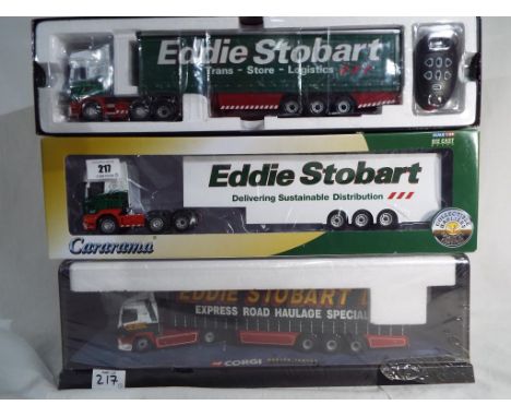 Corgi - Three 1:50 scale diecast models of Eddie Stobart haulage vehicles, # 7543 Leland DAF curtainside Eddie Stobart Ltd, #