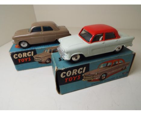 Corgi Toys - Ford Consul saloon # 200 fawn body, glazed windows, spun hubs, and Standard Vanguard III saloon, # 207 cream and