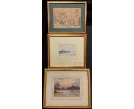 BEATRICE ETHEL LITHIBY (1889-1966), Faringdon church, watercolour sketch, 19.5cm x 27.5cm;  Victorian school, Winter Dusk, wa