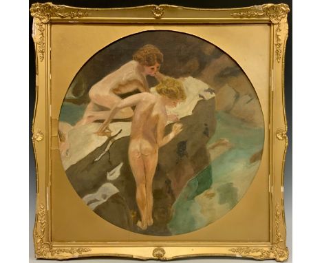 In the manner of Henry Scott Tuke, working sketch in oil, Young Girls Rock-pooling, unsigned, oil on canvas, circular, 36.5cm
