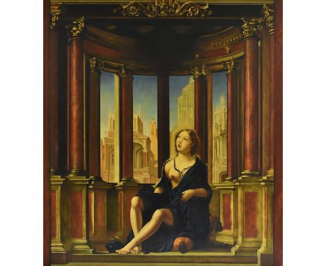 Paul R. Workman Italianate Interior with Seated Female Figure, Architectural Vista Beyond signed to verso, oil on canvas, 105