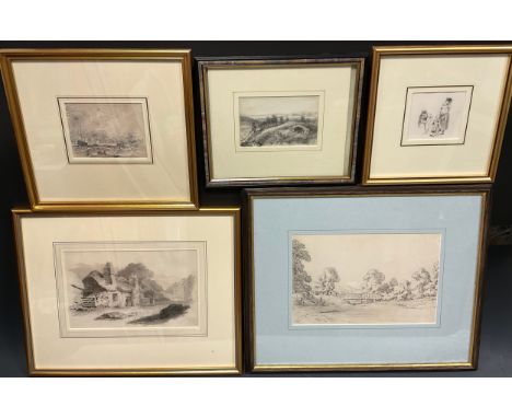 Cornish School, late 19th century, Natural Arch near Torquay, pencil sketch, 9cm x 13.5cm;  a 19th century Grisaille study, r