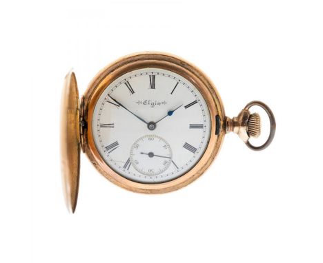 ELGIN pocket watch. USA, ca.1915.In 18 kt gold plated gold metal. Roman numerals and pear-type needles in cobalt blue. Counte