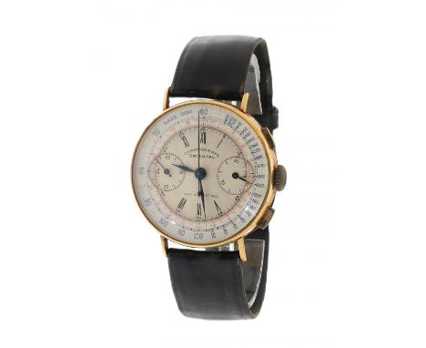 ORIENTAL Chronograph vintage watch, 50's-60's, for men/Unisex.Case in 18kt yellow gold. Beige dial with sword type hands. Rom