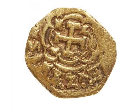 Coin of 1 shield macuquino of Philip IV, 17th century.Hammer struck, gold.Weight: 3.35 g.On the obverse Jerusalem cross withi