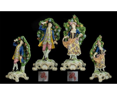 Derby 1780-1800 Period Fine Quality Pair of Handpainted Porcelain Figures - With A Bocage Background Depicting A Lady and Gen