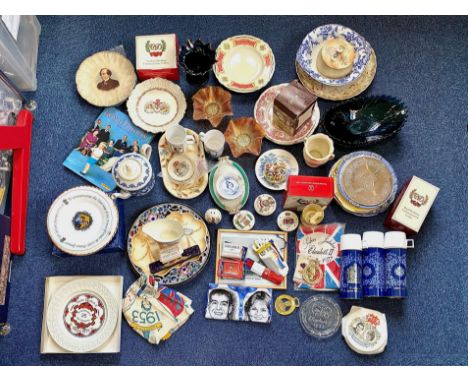 Good Mixed Boxed Lot comprising assorted carnival glass, lots of Coronation Commemorative items, old tins, playing cards, vin