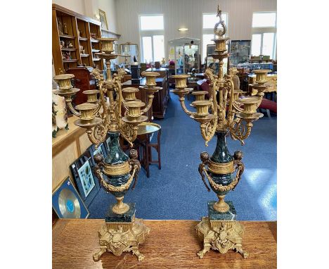 Pair of Six Branch Seven Light Garnitures, ideal for clocks, brass and marble turned supports with cherubs.  24" high.