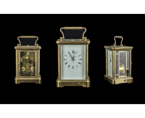 Matthew Norman Repeating Brass Carriage Clock, 8 Day Striking Movement, with White Enamel Dial, Visible Platform, Lever Escap
