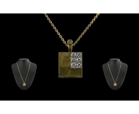 18ct Gold Diamond Contemporary Set Square Shaped Pendant with Attached 9ct Gold Serpentine Design / Chain. The Pendant Stampe