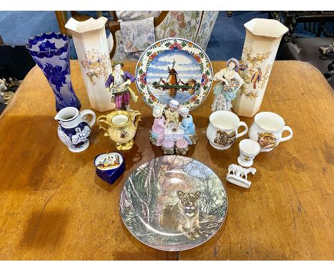 Box of Assorted Porcelain &amp; Pottery Collectibles, including Crown Ducal Vase 12" high (with matching vase, some damage), 