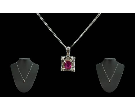 Ladies - 18ct White Gold Diamond and Ruby Set Pendant with Attached 18ct White Gold Chain. Both Chain and Pendant Marked 750 