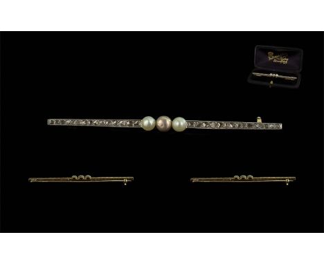 Antique Period - Superb 18ct Yellow Gold and Platinum Diamond and Pearl Set Stick Brooch, Excellent Craftsmanship and Design.