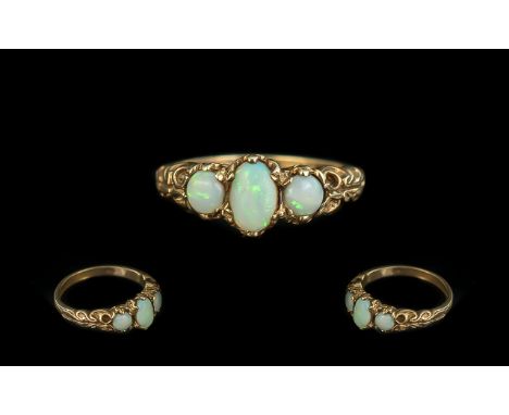 Ladies - Attractive 9ct Gold 3 Stone Opal Set Ring, Ornate Shank. Full Hallmark to Shank (  Interior ) The Opals of Good Colo