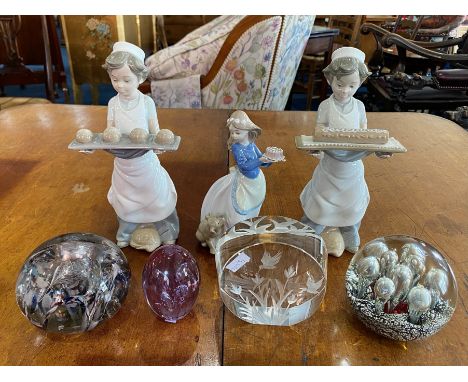 Three Nao Figures, comprising three figures all holding bakery items, tallest 11", together with a collection of four glass p