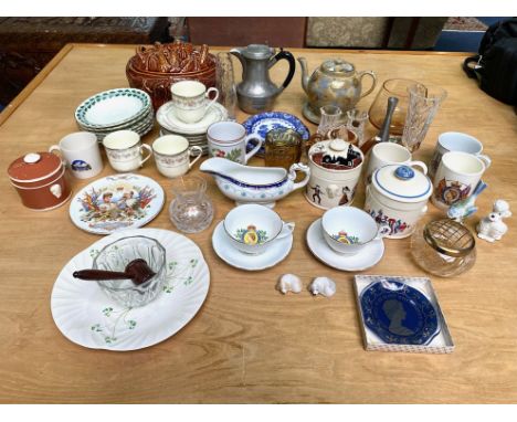 Box of Collectible Porcelain &amp; Pottery, including teapot and stand, Royal memorabilia, plates, rose bowl, Portmeirion ove