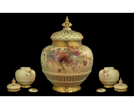 Royal Worcester Superb Quality Hand Painted Large Blush Ivory Persian Style Reticulated Pot Pourri, in wonderful condition wi