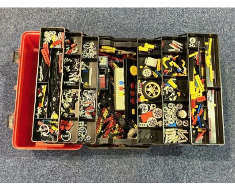 Vintage Lego Technic Set, in a large case with pull out sections, includes Technic Control Centre, bricks, wheels, accessorie