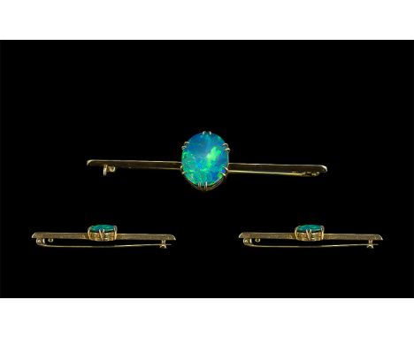 Antique Period Attractive 9ct Gold Bar Brooch - Set With A Large Oval Shaped Opal To Centre of Excellent Colours. Circa 1890'