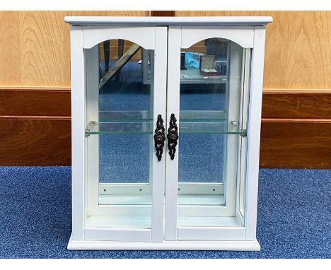 White Painted Wall Display Cabinet, with mirror back, two glass doors, glass shelf.  Measures 19" high x 16" wide.