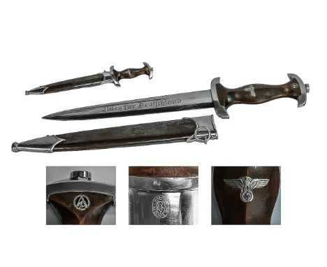 Second World War German SA Dagger, the 22cm steel blade etched Alles fur Deutschland, brown scabbard with nickel mounts, Mark