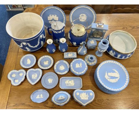 Box of Blue Jasper Wedgwood, comprising plates, biscuit barrel, planter, vases, lidded pots, trinket dishes, clock, water jug