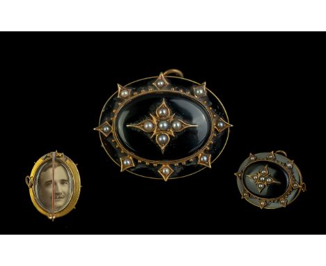 Antique Period - Good Quality 9ct Gold and Black Jet Enamel Mourning Brooch / Locket, Set with Seed Pearls. Not Marked but Te