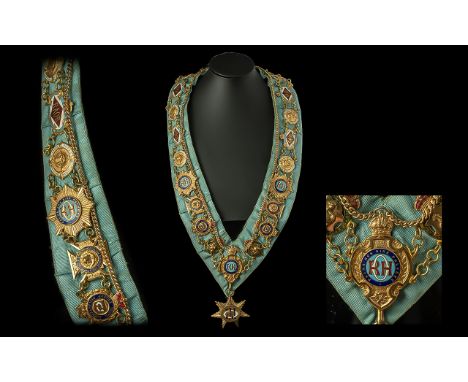 Masonic Interest. Large and Impressive Ribbon with Lots of Buffaloes, Lodge Enamel Badges, Well Over 20 on An Egg Shell Blue 
