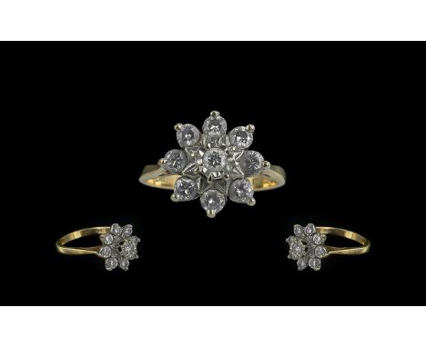 9ct Gold Diamond Cluster Ring, flowerhead setting, round cut central diamond surrounded by eight round cut diamonds.  Ring si