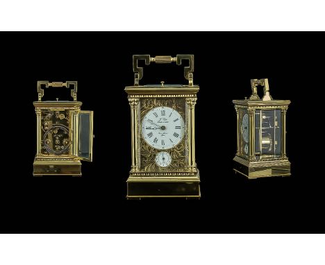 French - 20th Century Superb Repeating Alarm- Facility 8 Day Striking Brass Carriage Clock. Maker L'epee, St Luxanne - France