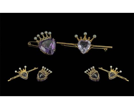 Antique Period 9ct Gold Coronet Brooch, Set with Large Amethyst and Pearls with Safety Chain. All Full Hallmark for 9.375. Th