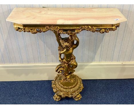 An Italian Style Gilt Cherub Console Table, modern marble style top.  Height 31" x width 32" x 11" deep. 