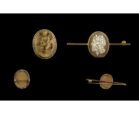 Antique Period Good Quality 9ct Gold Hardstone Cameo Brooches ( 2 ) In Total. Both Marked for 9ct. Both Cameos of Excellent C