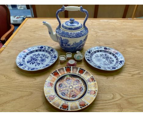 Extra Large Spode Blue &amp; White Tea Pot, measures approx. 13" tall, together with two Old Dresden blue and white plates, a