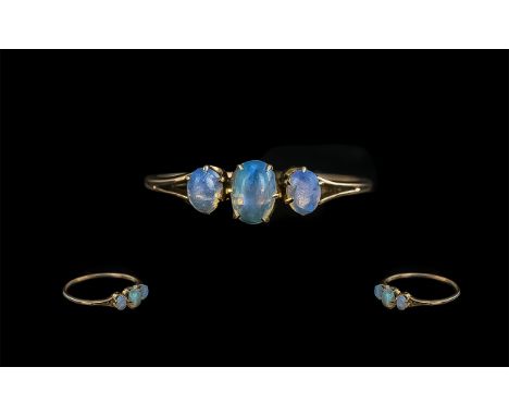 Ladies Attractive 9ct Gold Three Stone Opal Set Ring, full hallmark to shank, excellent multi colour ring; size U, large size