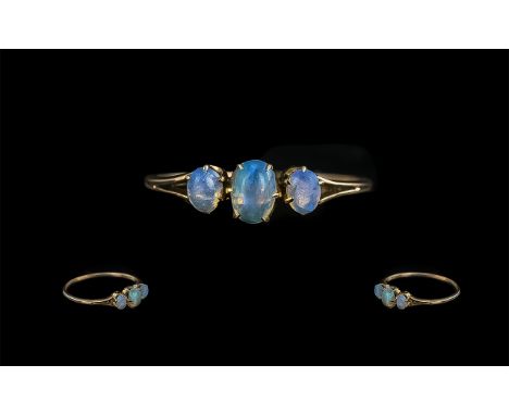 Ladies Attractive 9ct Gold Three Stone Opal Set Ring, full hallmark to shank, excellent multi colour ring; size U, large size