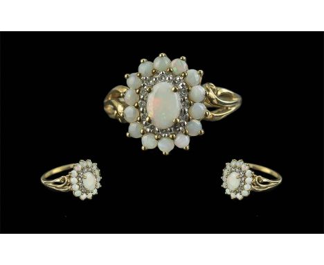 Ladies 9ct Gold Attractive Diamond and Opal Set Cluster Ring, Marked with Full Hallmark. The Well Matched Opals of Good Colou