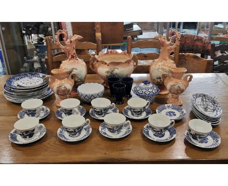 Three Boxes of Assorted Pottery, to include Wood &amp; Sons Oriental style part tea service, assorted blue and white pots, cl