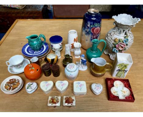 Box of Collectible Porcelain &amp; Pottery, comprising vases, jugs, celery holder, lidded jam pot, trinket boxes, pin dishes,