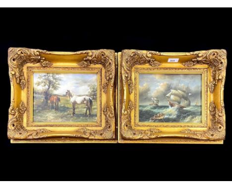 Two Vintage Paintings in ornate gilt Rococo frames, one depicting horses in a field, the other depicting ships in a rough sea