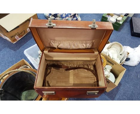 Vintage Leather Travel Case, brown, with twin locks and key and carry handle, lined in pale gold satin, with an 'Atlantic Ser